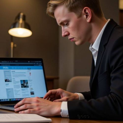 Hospitality professional evaluating high-ticket marketing course on laptop in modern hotel office – assessing value for hospitality business growth