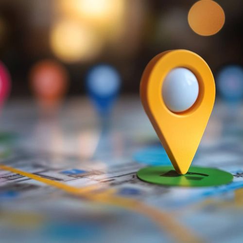 Hyper-local marketing concept image showing colourful map pins on a city map, representing neighbourhood targeting and local search visibility for hospitality businesses.